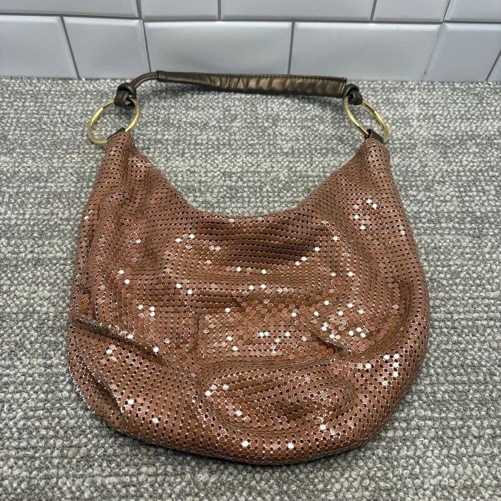 Brown Castle Core Chain Mesh Handbag Purse Zipper Top Hoop Handle Holder Cool H3